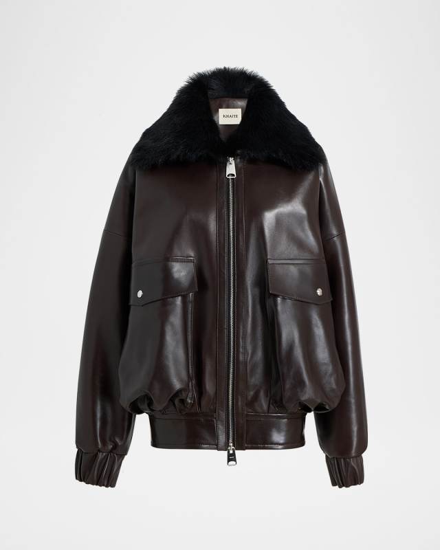 Daemon Oversized Leather Jacket with Shearling Collar